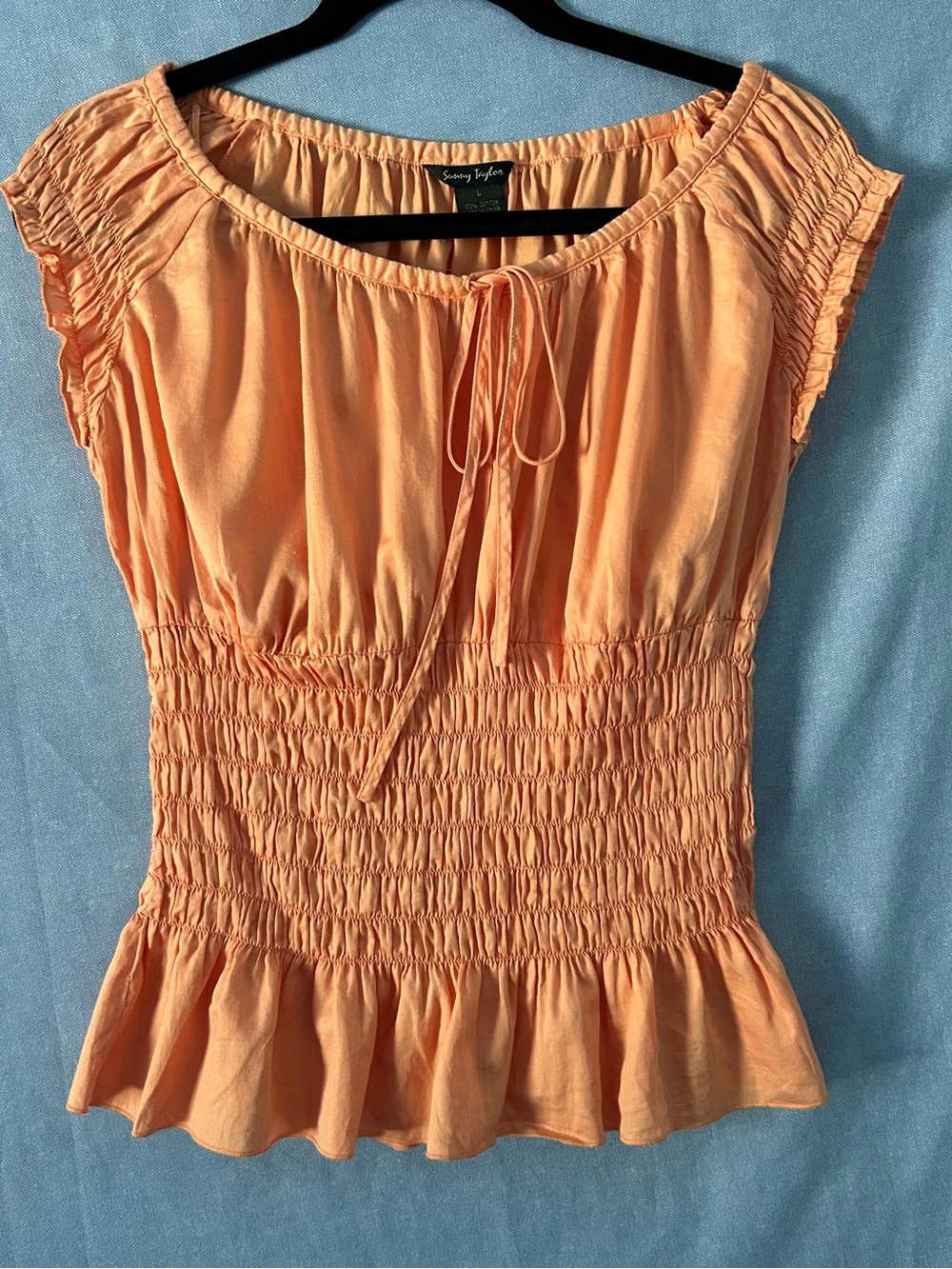 Sunny Taylor Peach Smocked Peplum Top with Tie Neck SZ L